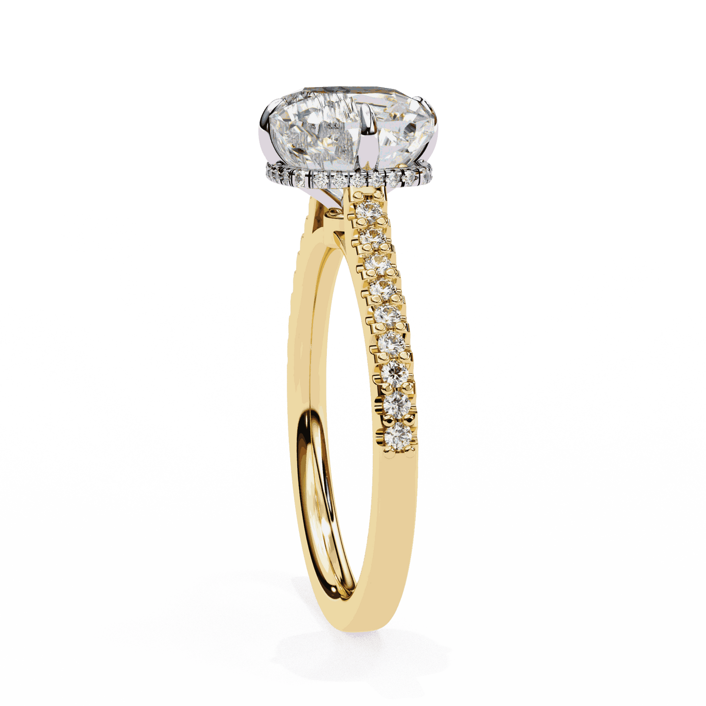 Cushion Cut Lab Grown Diamond Solitaire Engagement Ring with Hidden Halo and Pavé Band