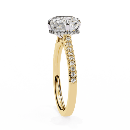 Cushion Cut Lab Grown Diamond Solitaire Engagement Ring with Hidden Halo and Pavé Band