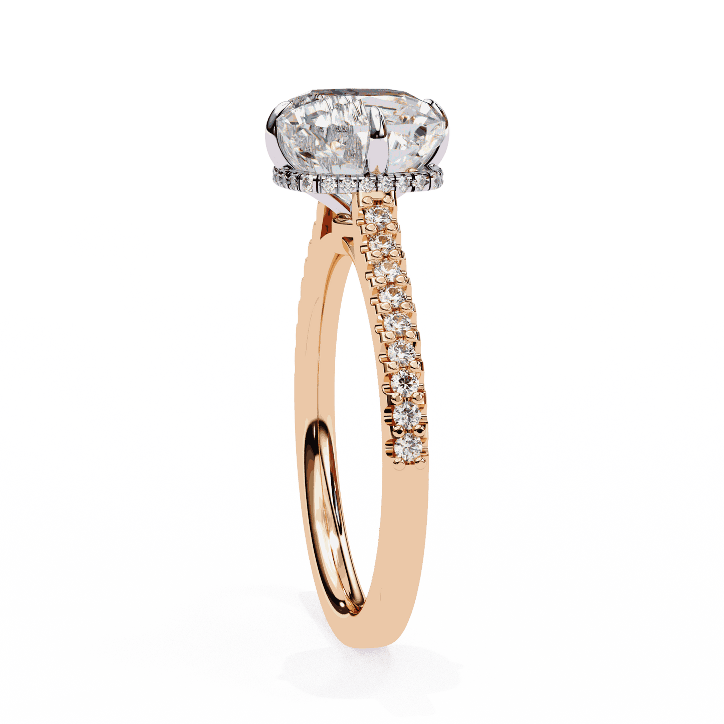 Cushion Cut Lab Grown Diamond Solitaire Engagement Ring with Hidden Halo and Pavé Band