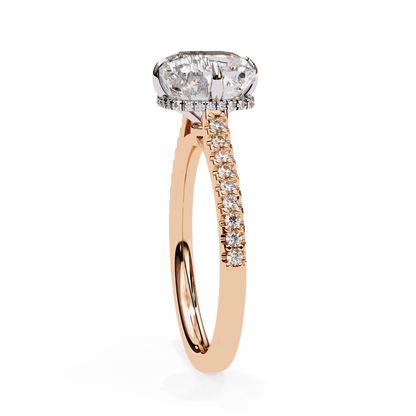 Cushion Cut Lab Grown Diamond Solitaire Engagement Ring with Hidden Halo and Pavé Band
