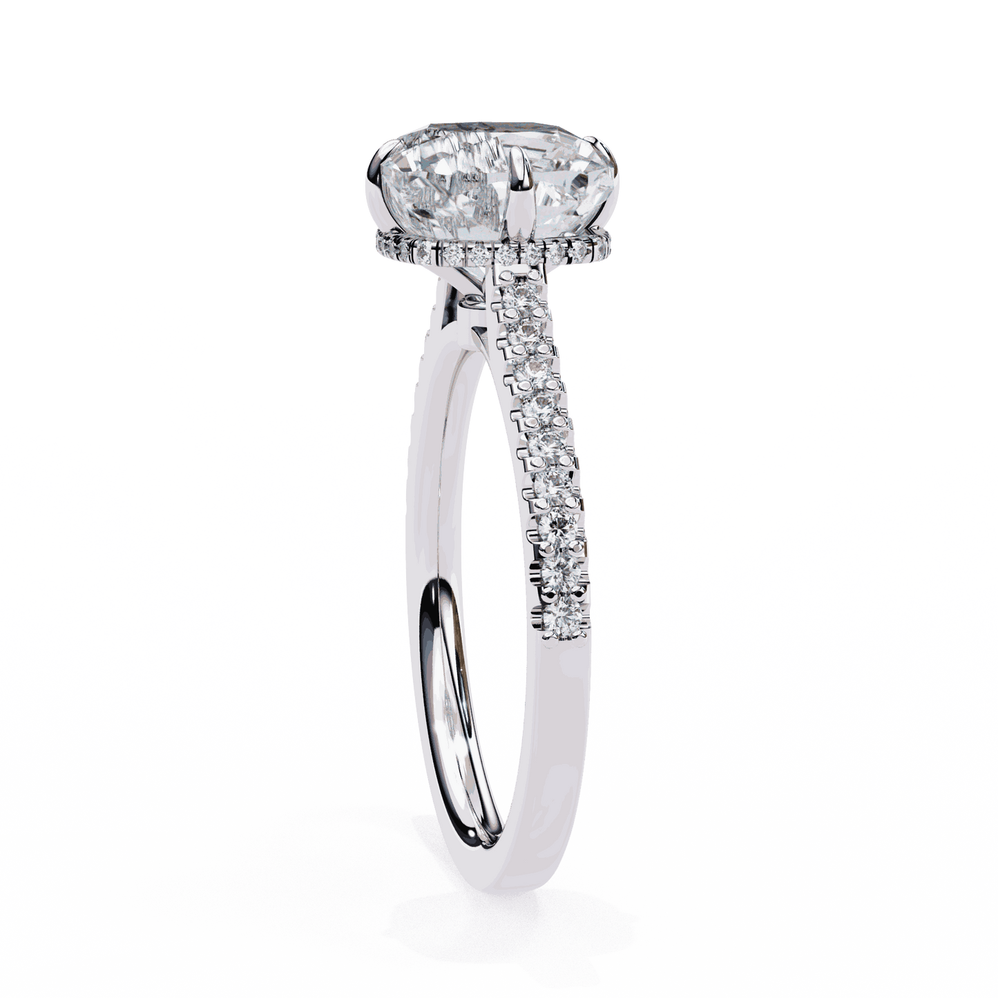 Cushion Cut Lab Grown Diamond Solitaire Engagement Ring with Hidden Halo and Pavé Band