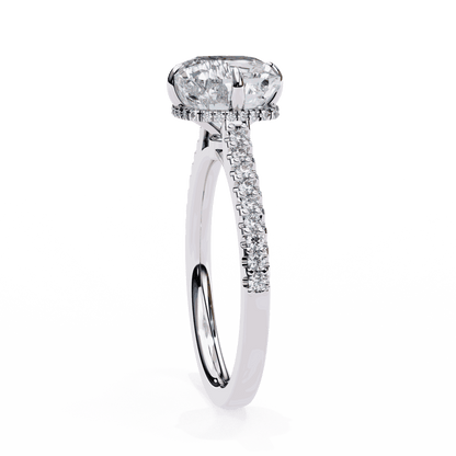 Cushion Cut Lab Grown Diamond Solitaire Engagement Ring with Hidden Halo and Pavé Band