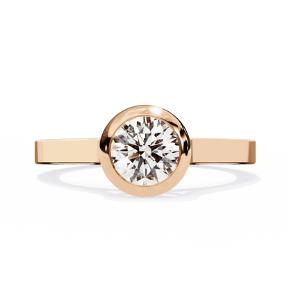 Round Cut Lab Grown Diamond Bezel Engagement Ring with Flat Modern Band