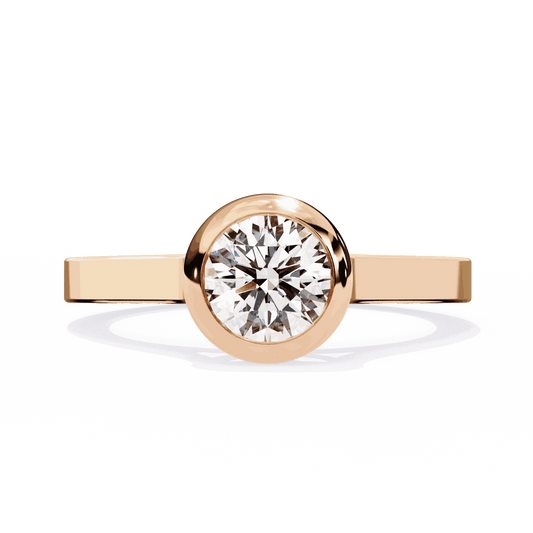 Round Cut Lab Grown Diamond Bezel Engagement Ring with Flat Modern Band