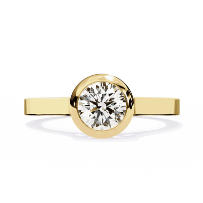 Round Cut Lab Grown Diamond Bezel Engagement Ring with Flat Modern Band
