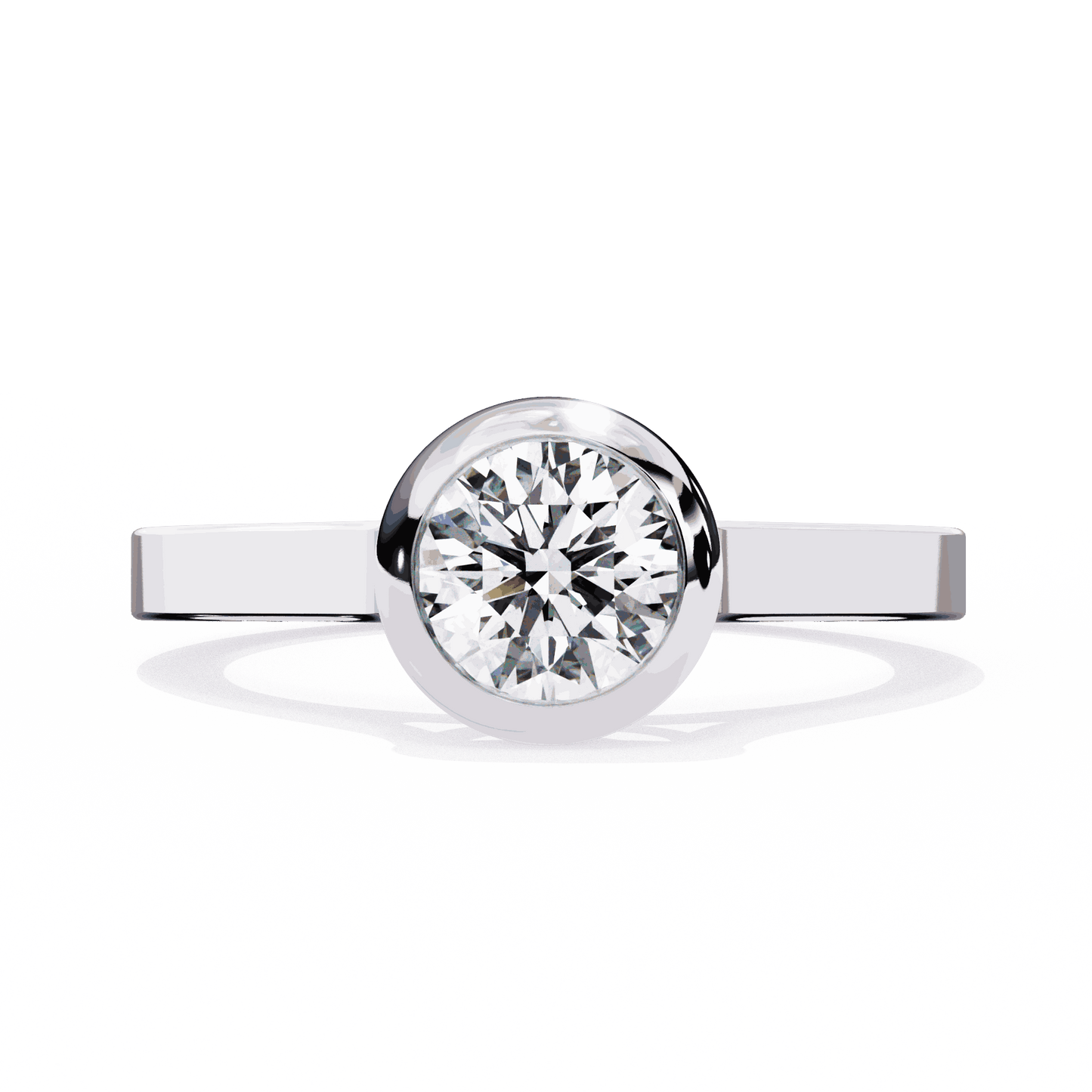 Round Cut Lab Grown Diamond Bezel Engagement Ring with Flat Modern Band