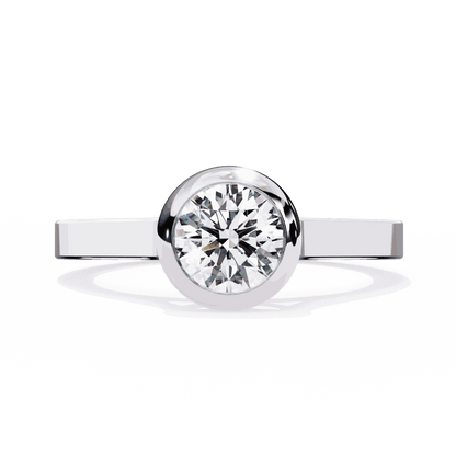 Round Cut Lab Grown Diamond Bezel Engagement Ring with Flat Modern Band
