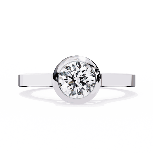 Round Cut Lab Grown Diamond Bezel Engagement Ring with Flat Modern Band