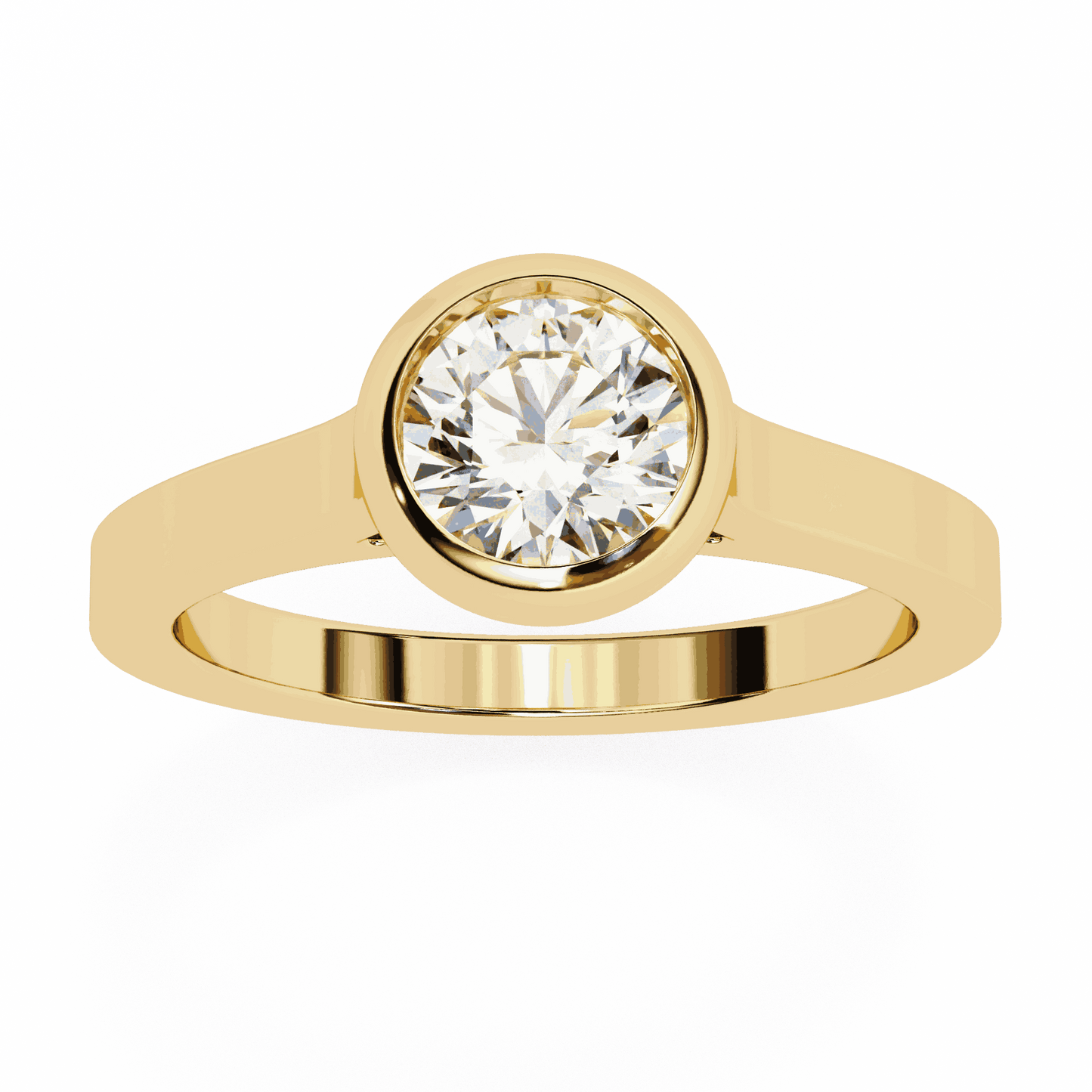 Round Cut Lab Grown Diamond Bezel Engagement Ring with Flat Modern Band