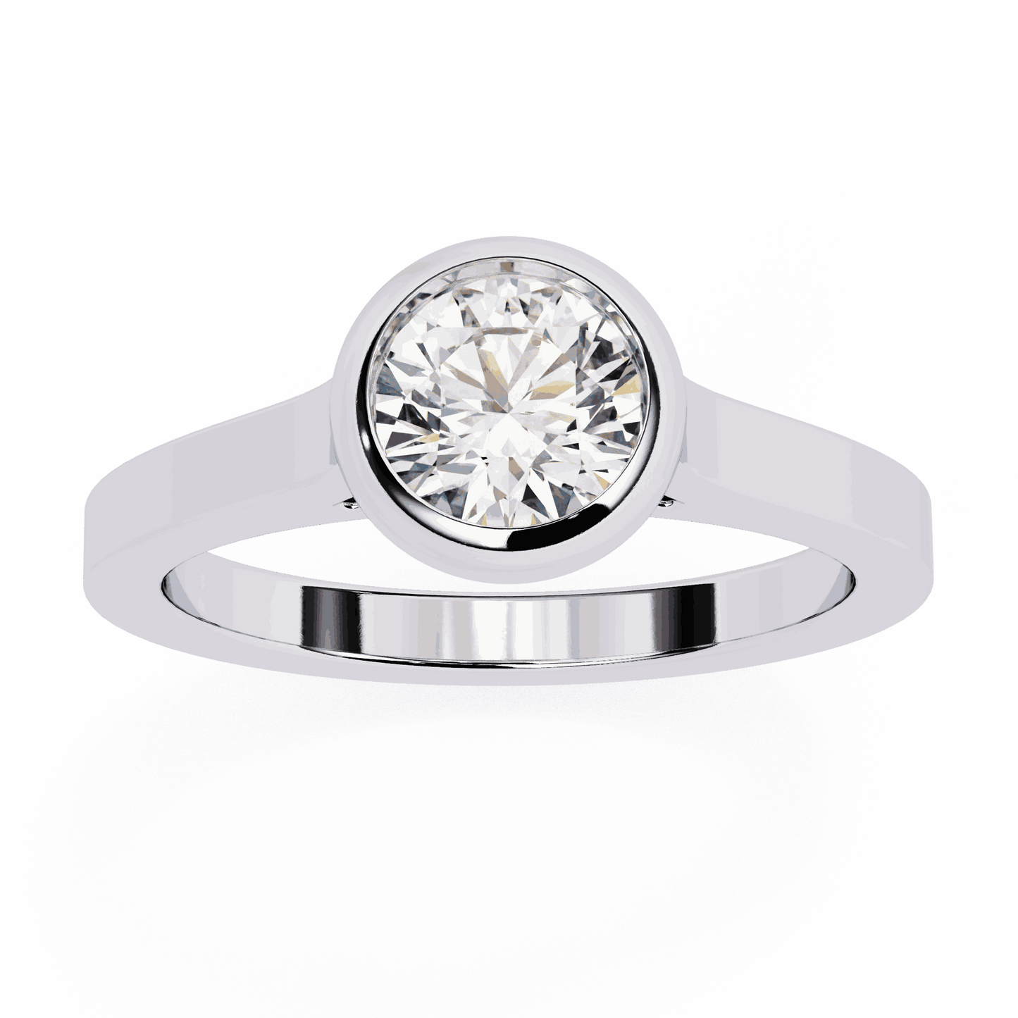 Round Cut Lab Grown Diamond Bezel Engagement Ring with Flat Modern Band