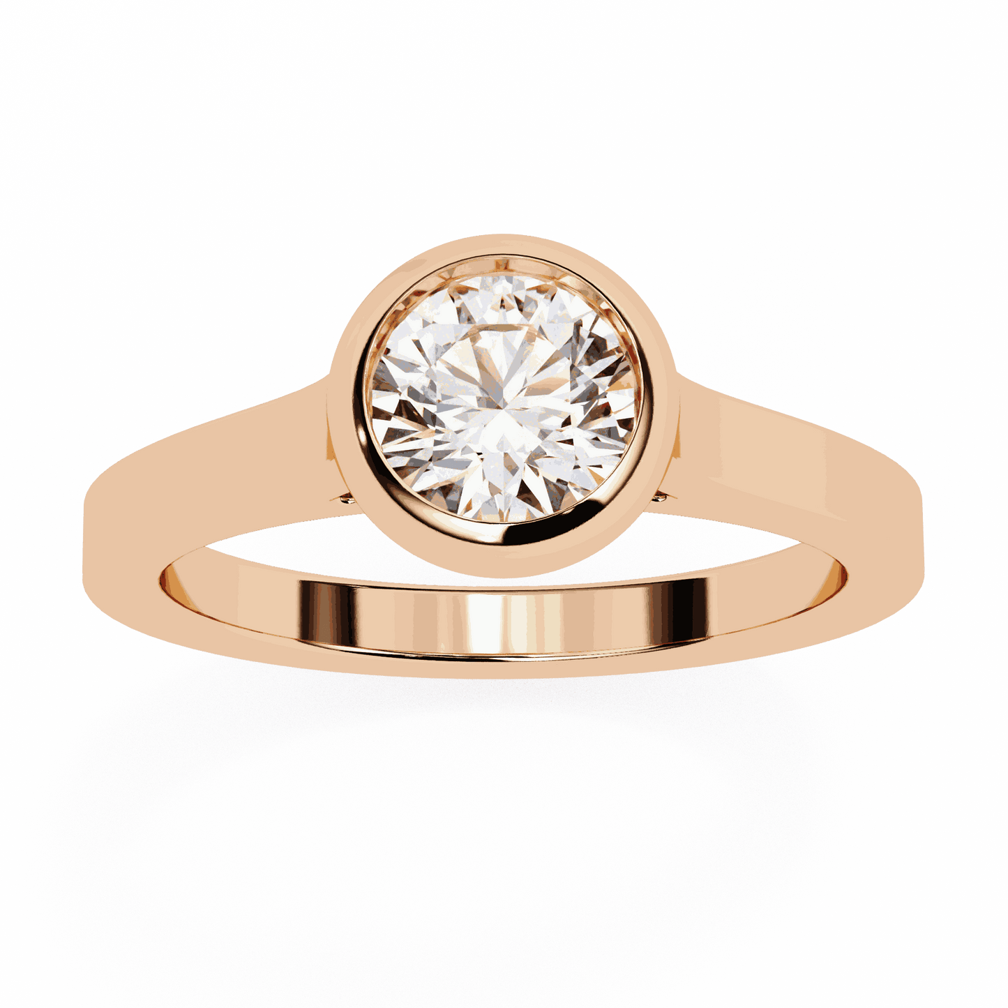 Round Cut Lab Grown Diamond Bezel Engagement Ring with Flat Modern Band
