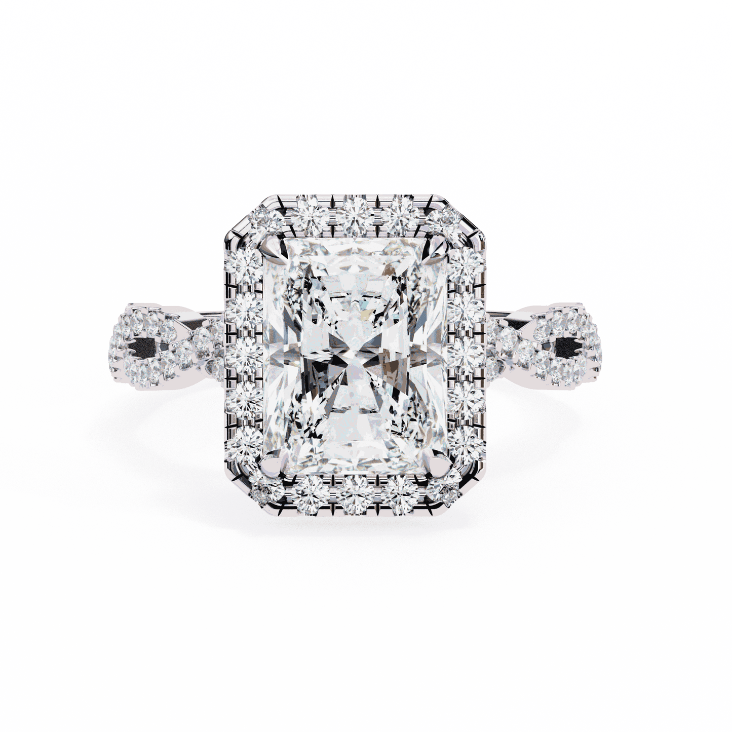 Radiant Cut Lab Grown Diamond Halo Engagement Ring with Twisted Pavé Band