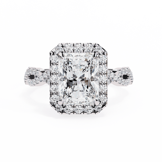Radiant Cut Lab Grown Diamond Halo Engagement Ring with Twisted Pavé Band