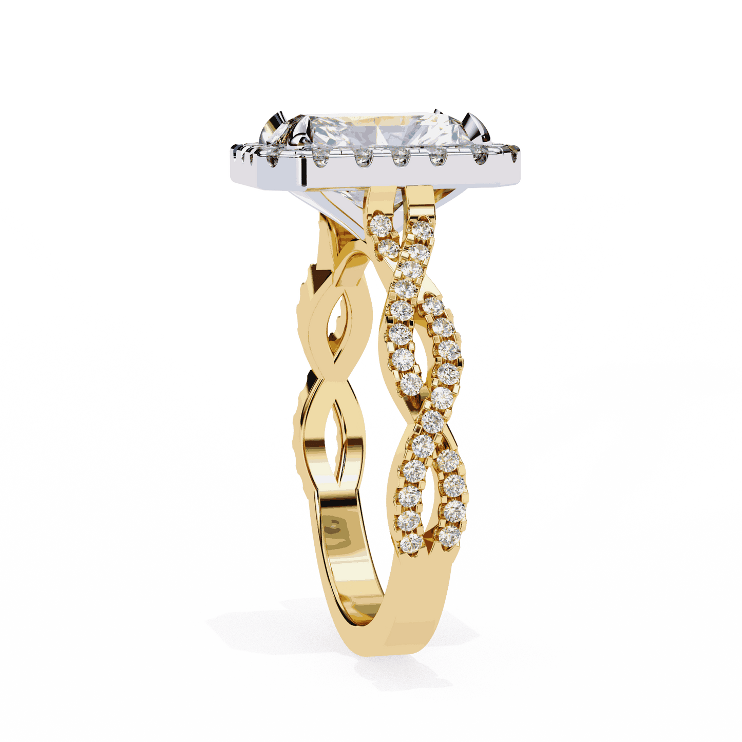 Radiant Cut Lab Grown Diamond Halo Engagement Ring with Twisted Pavé Band
