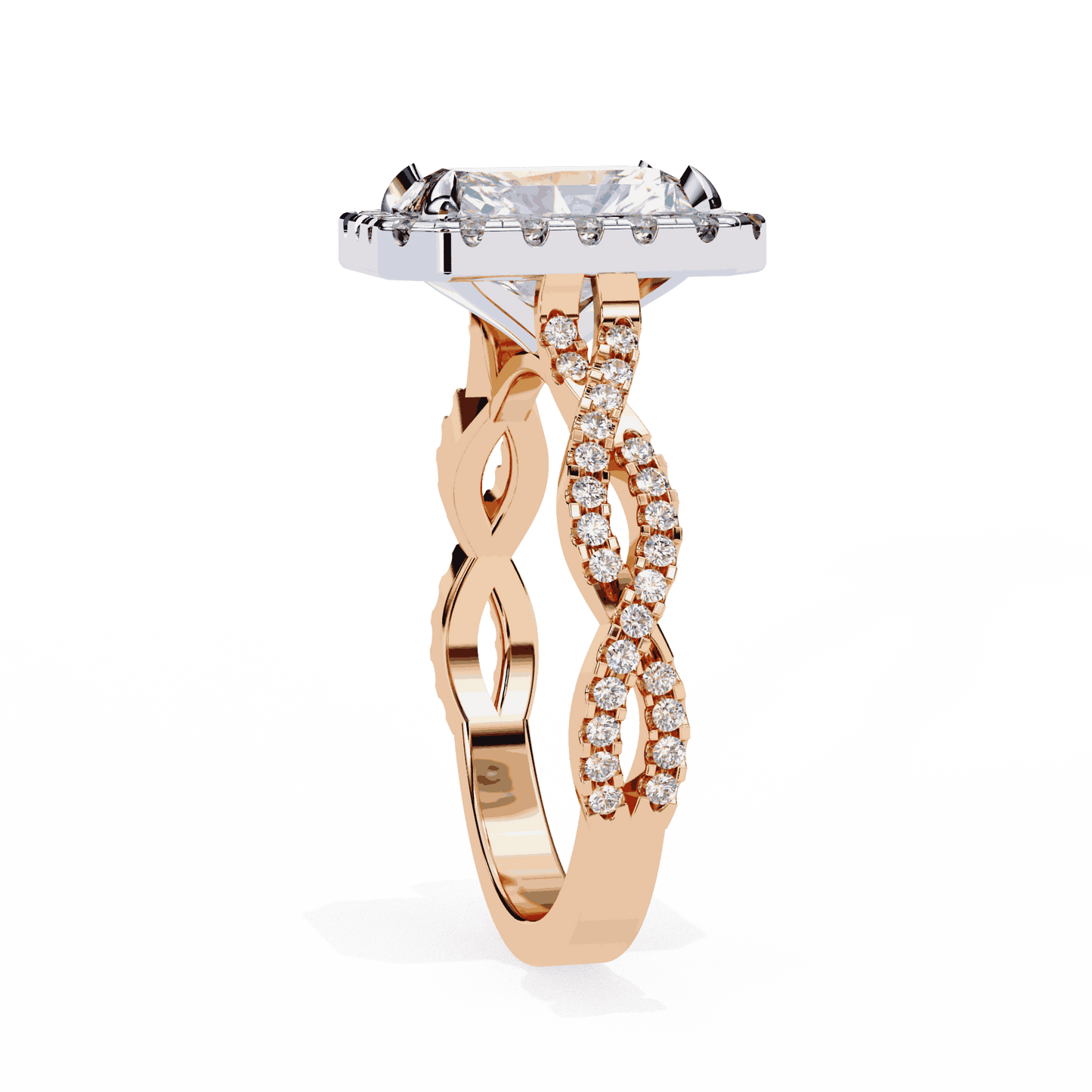 Radiant Cut Lab Grown Diamond Halo Engagement Ring with Twisted Pavé Band