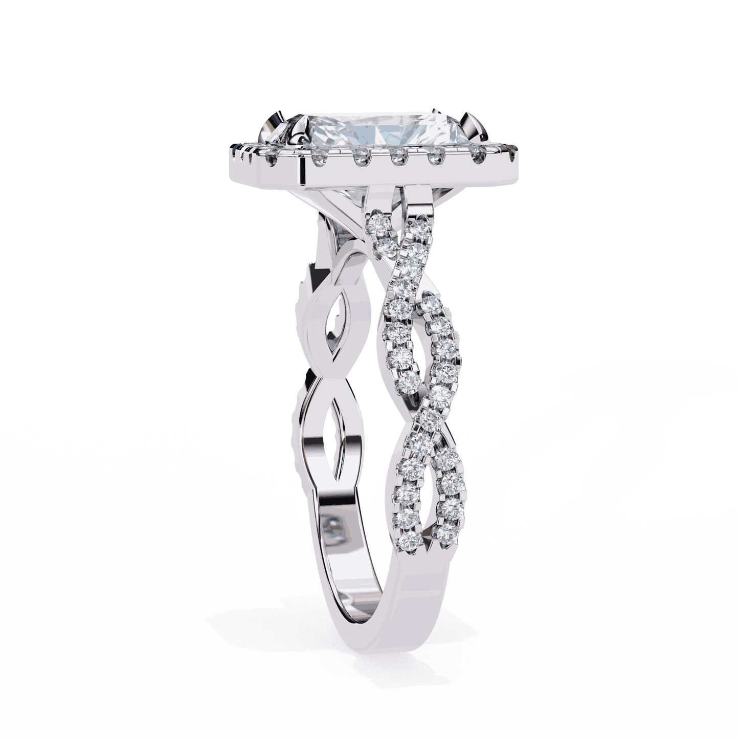 Radiant Cut Lab Grown Diamond Halo Engagement Ring with Twisted Pavé Band