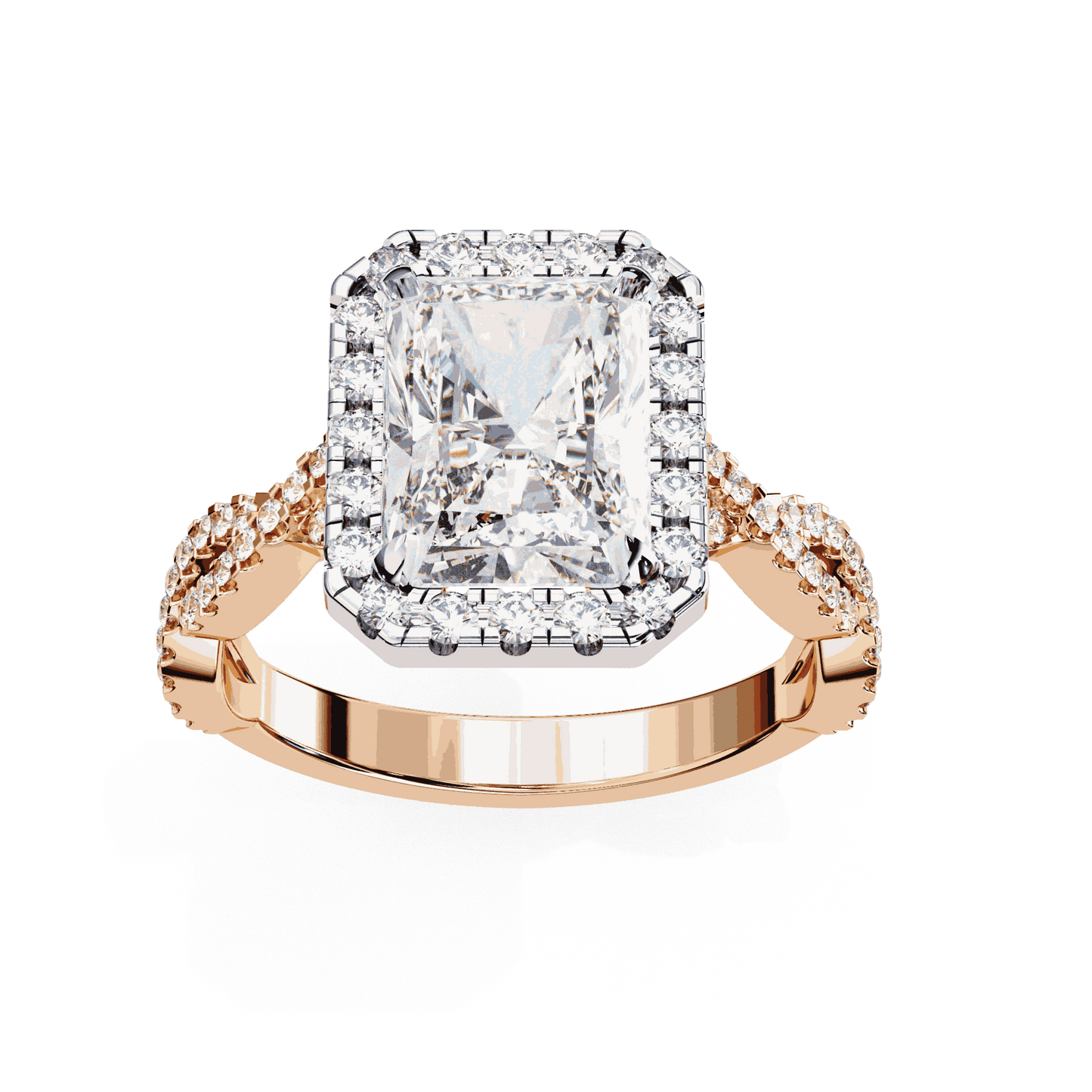 Radiant Cut Lab Grown Diamond Halo Engagement Ring with Twisted Pavé Band