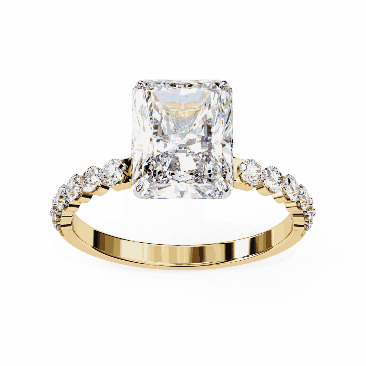 Radiant Cut Lab Grown Diamond Side Stone Engagement Ring with Shared Prong Round Band