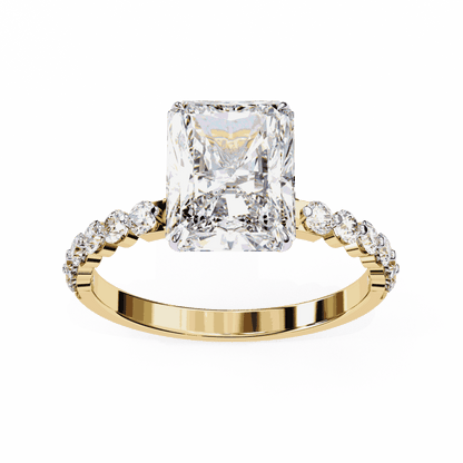 Radiant Cut Lab Grown Diamond Side Stone Engagement Ring with Shared Prong Round Band
