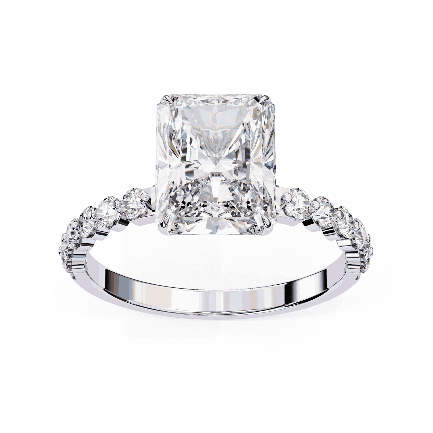 Radiant Cut Lab Grown Diamond Side Stone Engagement Ring with Shared Prong Round Band