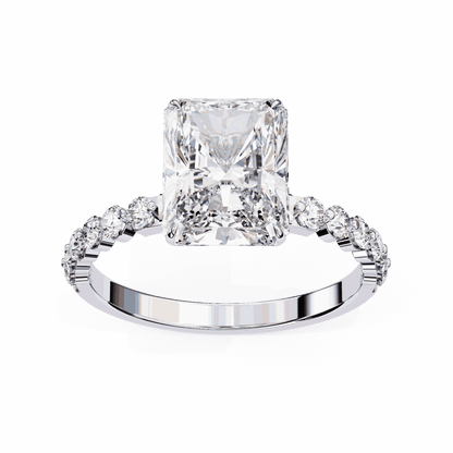Radiant Cut Lab Grown Diamond Side Stone Engagement Ring with Shared Prong Round Band