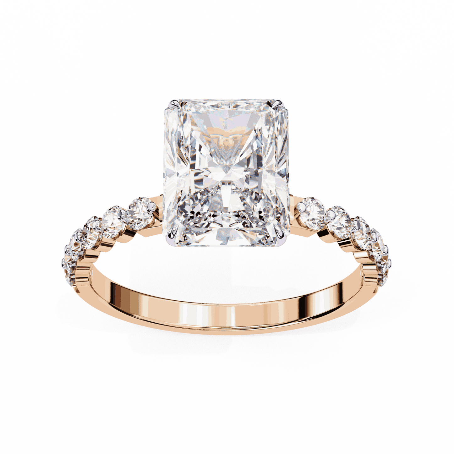 Radiant Cut Lab Grown Diamond Side Stone Engagement Ring with Shared Prong Round Band