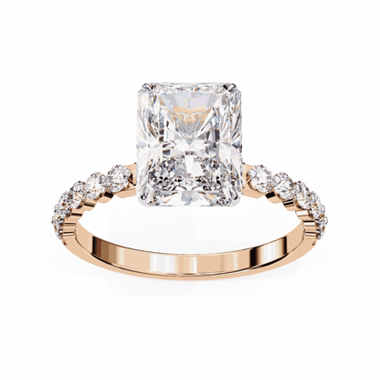 Radiant Cut Lab Grown Diamond Side Stone Engagement Ring with Shared Prong Round Band