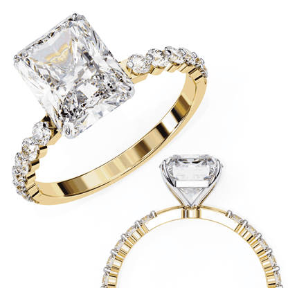 Radiant Cut Lab Grown Diamond Side Stone Engagement Ring with Shared Prong Round Band