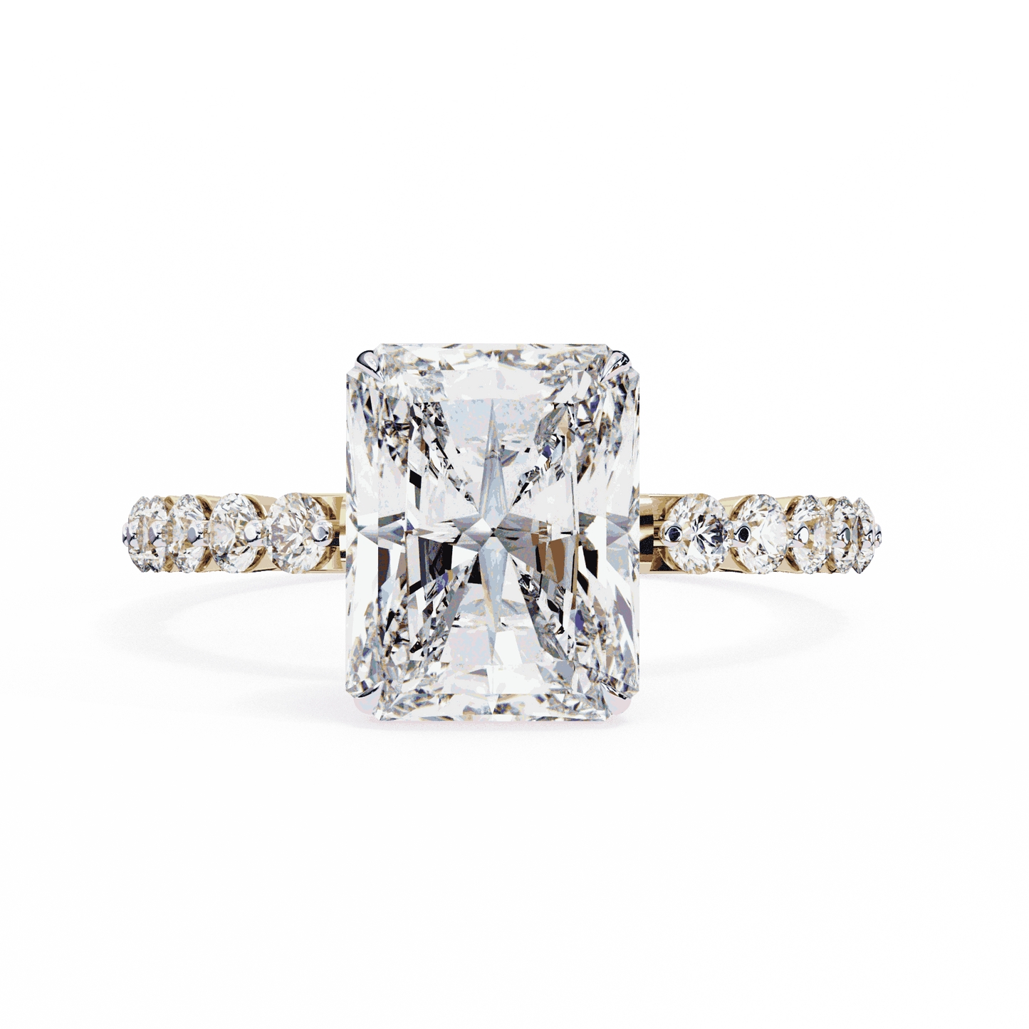 Radiant Cut Lab Grown Diamond Side Stone Engagement Ring with Shared Prong Round Band
