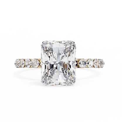 Radiant Cut Lab Grown Diamond Side Stone Engagement Ring with Shared Prong Round Band