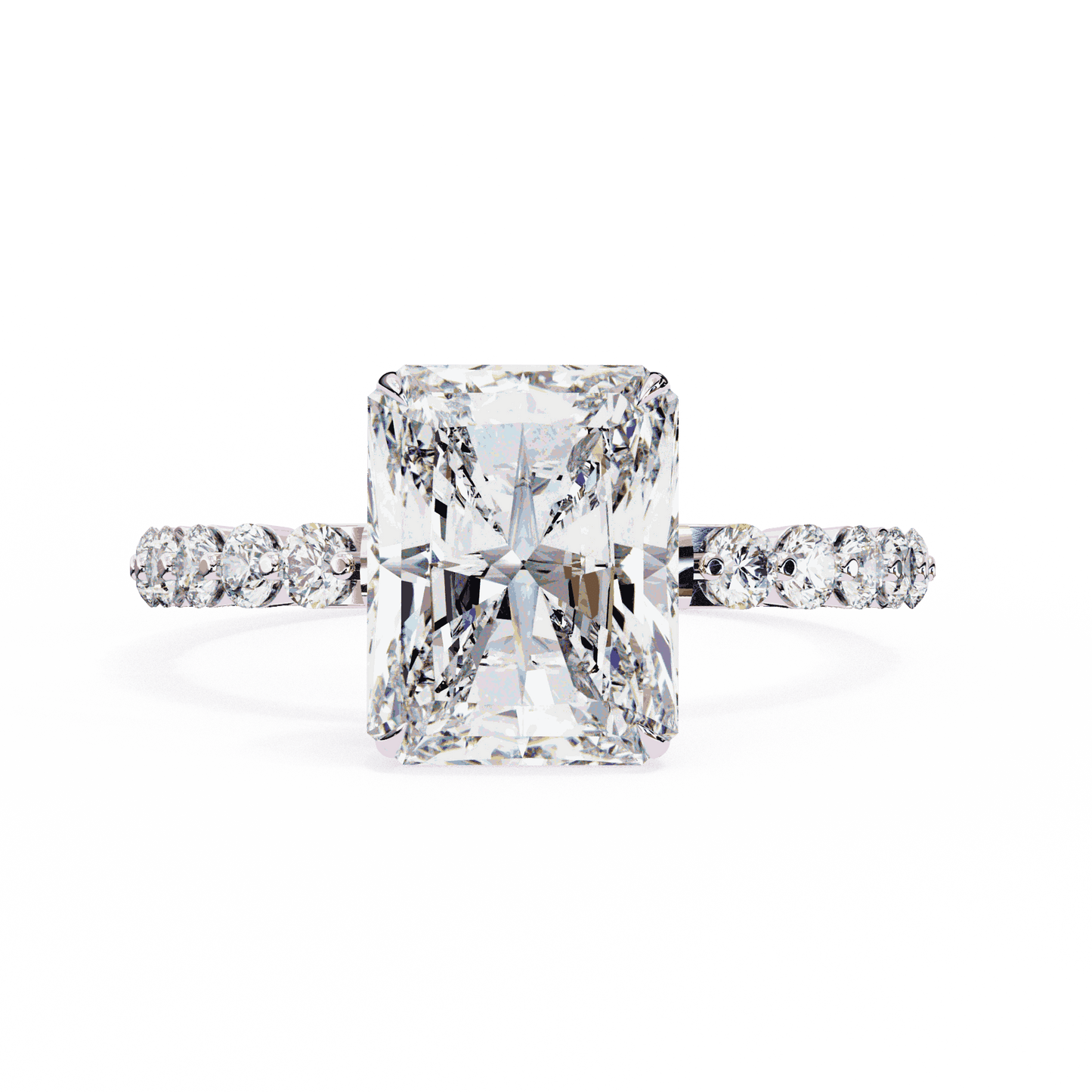 Radiant Cut Lab Grown Diamond Side Stone Engagement Ring with Shared Prong Round Band