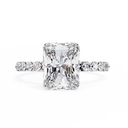 Radiant Cut Lab Grown Diamond Side Stone Engagement Ring with Shared Prong Round Band