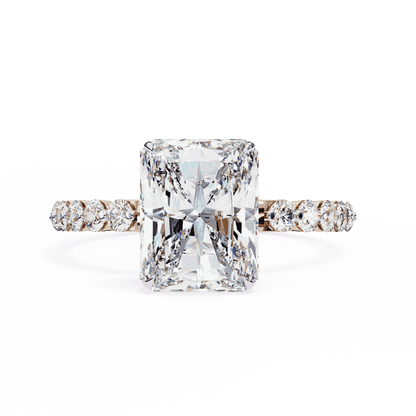 Radiant Cut Lab Grown Diamond Side Stone Engagement Ring with Shared Prong Round Band