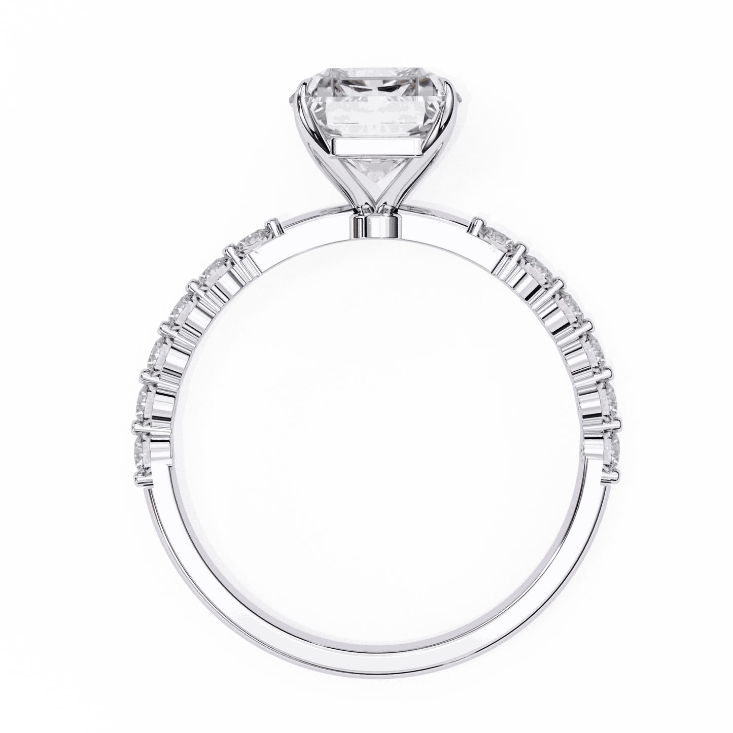 Radiant Cut Lab Grown Diamond Side Stone Engagement Ring with Shared Prong Round Band