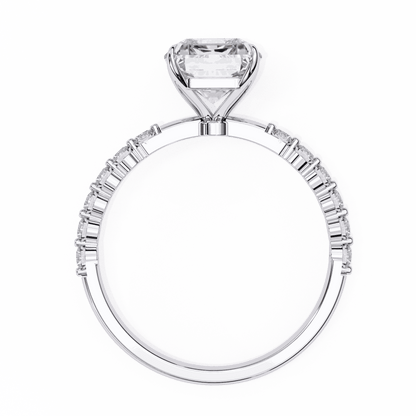 Radiant Cut Lab Grown Diamond Side Stone Engagement Ring with Shared Prong Round Band