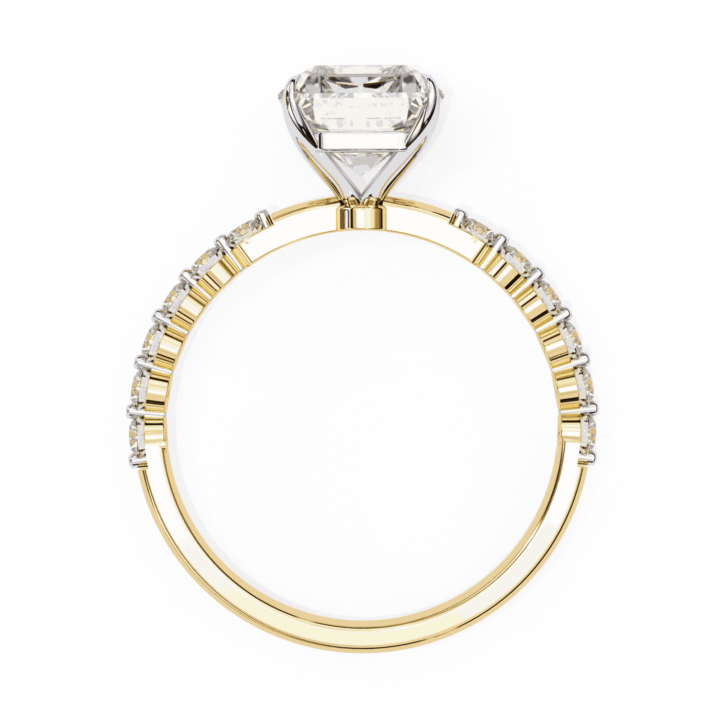 Radiant Cut Lab Grown Diamond Side Stone Engagement Ring with Shared Prong Round Band