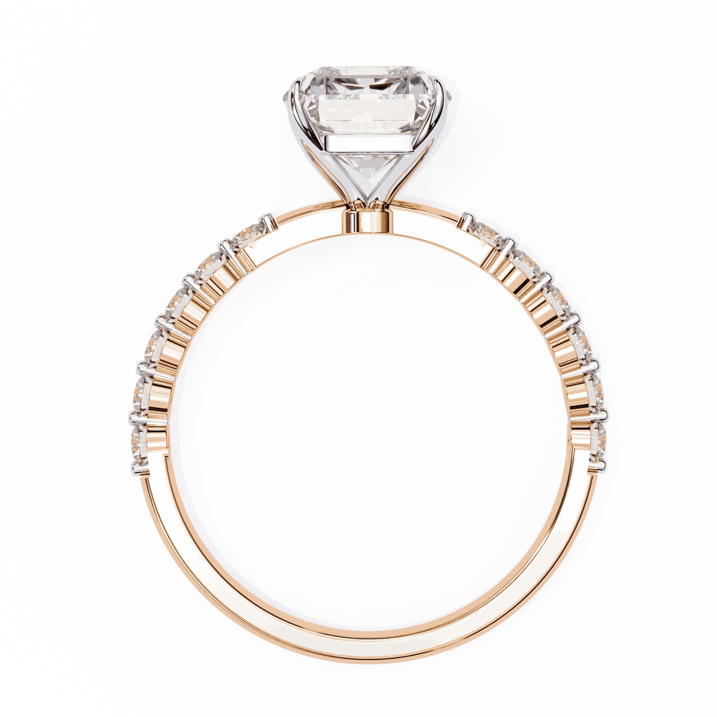 Radiant Cut Lab Grown Diamond Side Stone Engagement Ring with Shared Prong Round Band