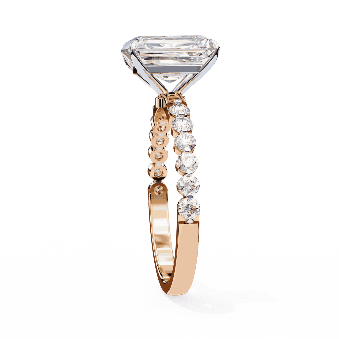 Radiant Cut Lab Grown Diamond Side Stone Engagement Ring with Shared Prong Round Band
