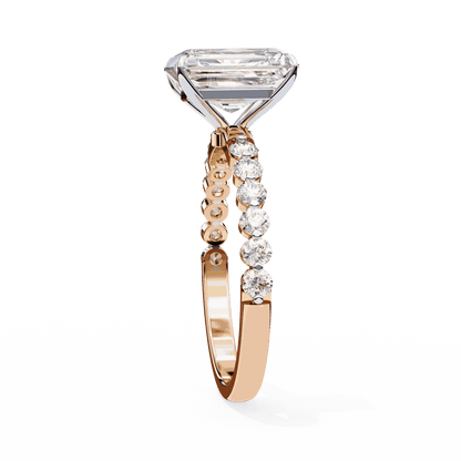 Radiant Cut Lab Grown Diamond Side Stone Engagement Ring with Shared Prong Round Band