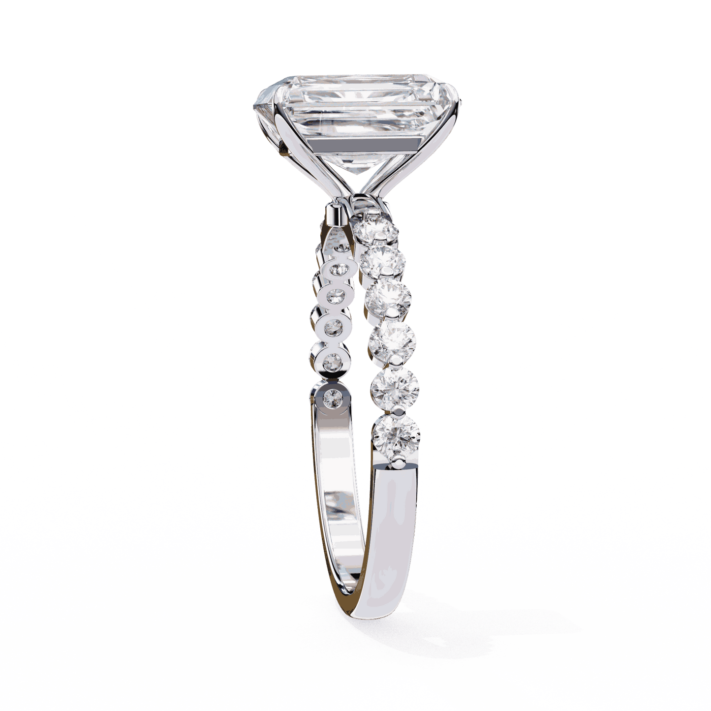 Radiant Cut Lab Grown Diamond Side Stone Engagement Ring with Shared Prong Round Band