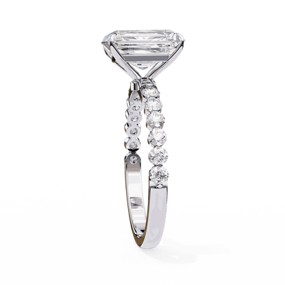 Radiant Cut Lab Grown Diamond Side Stone Engagement Ring with Shared Prong Round Band
