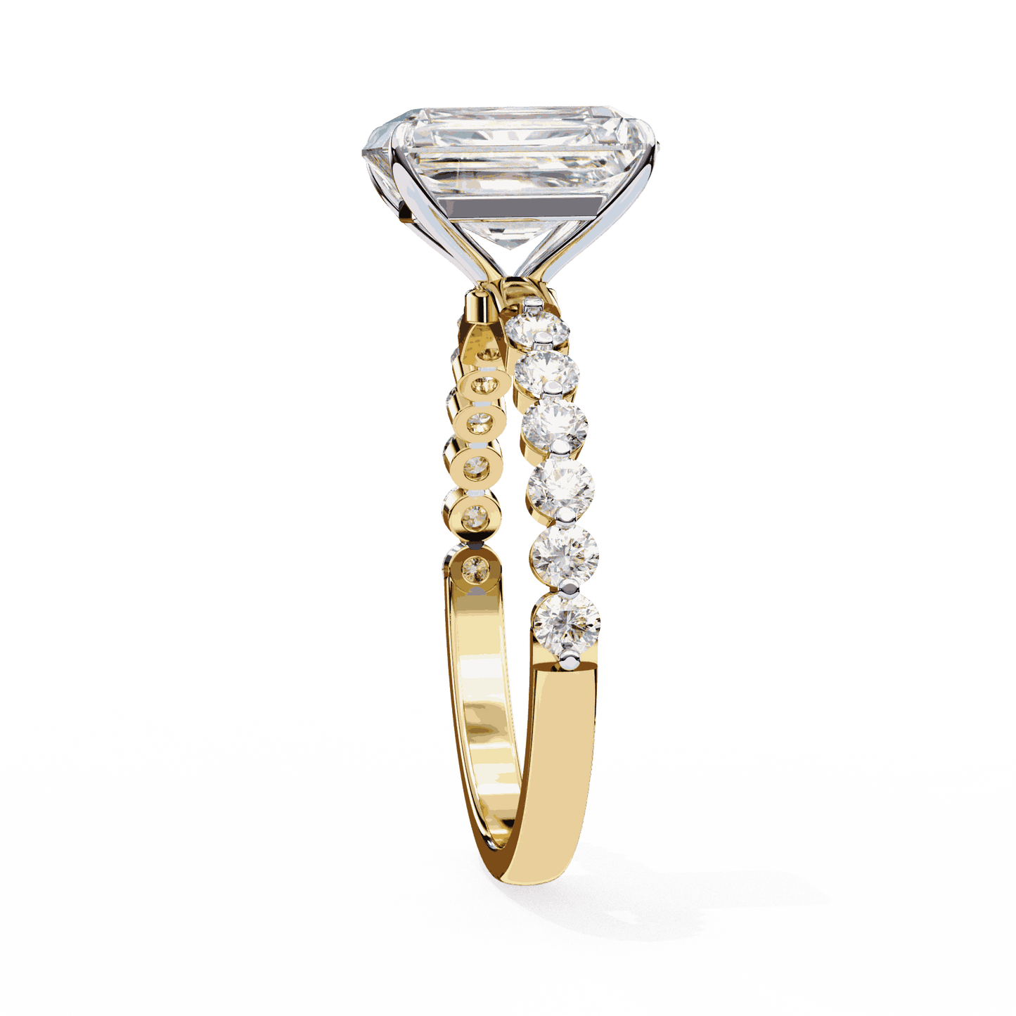 Radiant Cut Lab Grown Diamond Side Stone Engagement Ring with Shared Prong Round Band
