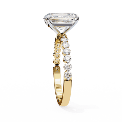Radiant Cut Lab Grown Diamond Side Stone Engagement Ring with Shared Prong Round Band