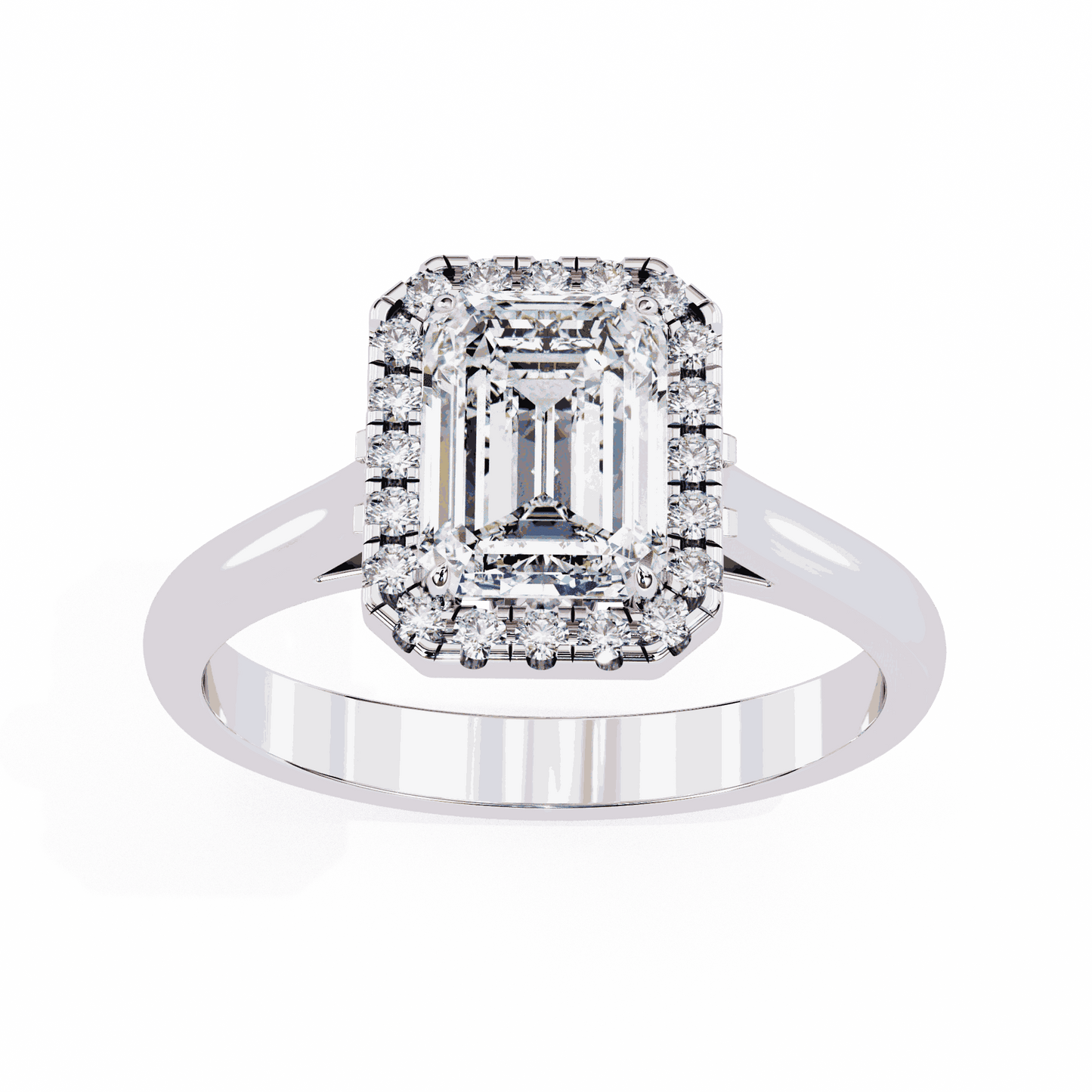 Emerald Cut Lab Grown Diamond Halo Engagement Ring with Lotus Gallery and Plain Band