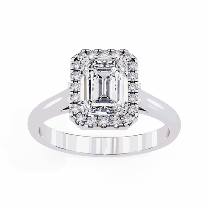 Emerald Cut Lab Grown Diamond Halo Engagement Ring with Lotus Gallery and Plain Band