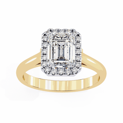 Emerald Cut Lab Grown Diamond Halo Engagement Ring with Lotus Gallery and Plain Band