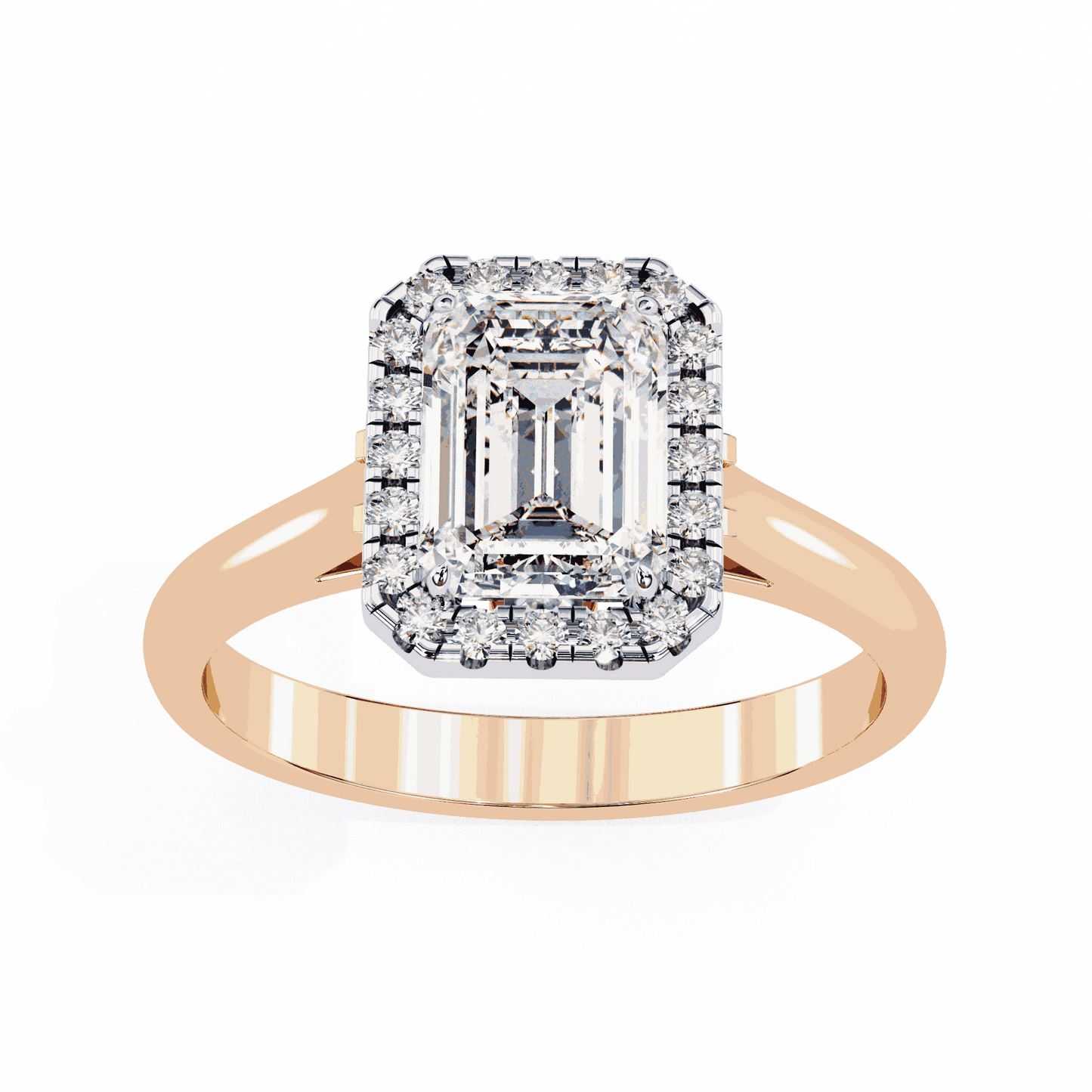 Emerald Cut Lab Grown Diamond Halo Engagement Ring with Lotus Gallery and Plain Band