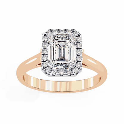 Emerald Cut Lab Grown Diamond Halo Engagement Ring with Lotus Gallery and Plain Band