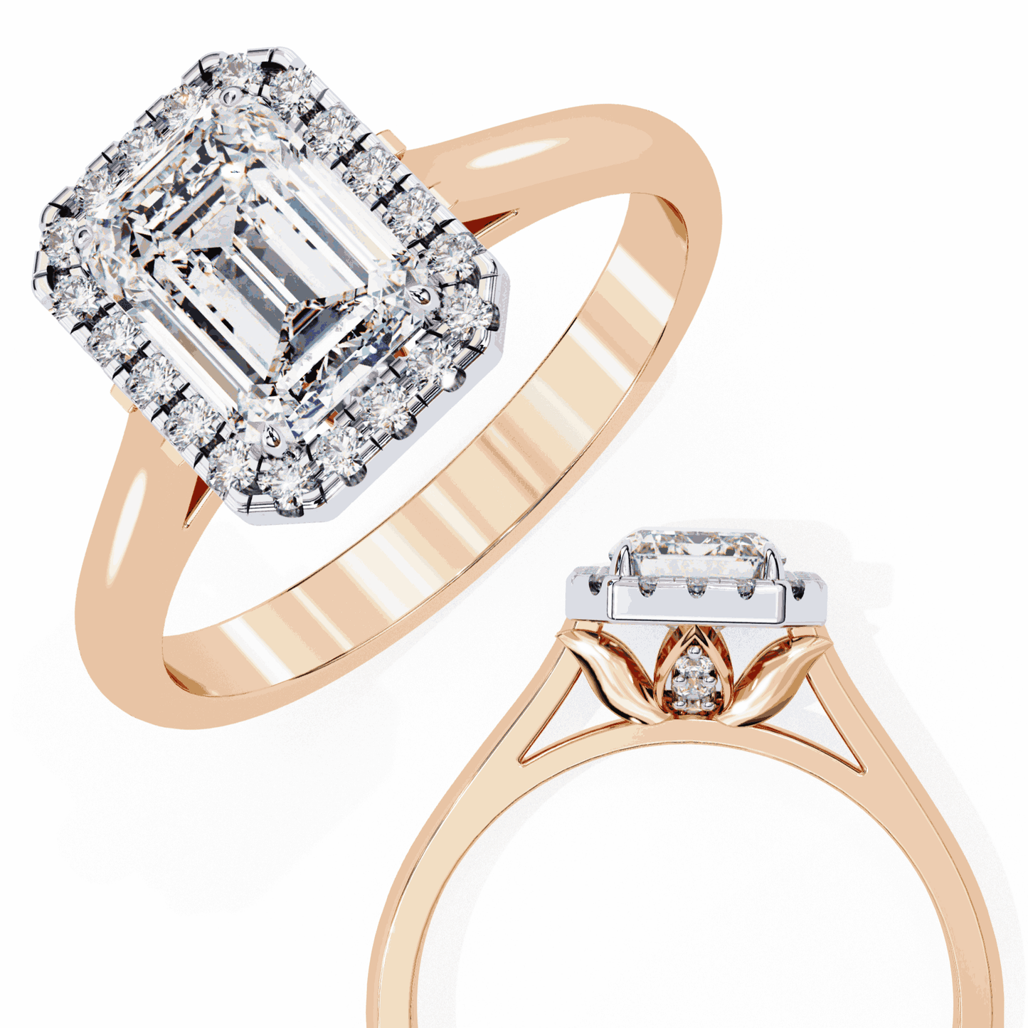 Emerald Cut Lab Grown Diamond Halo Engagement Ring with Lotus Gallery and Plain Band