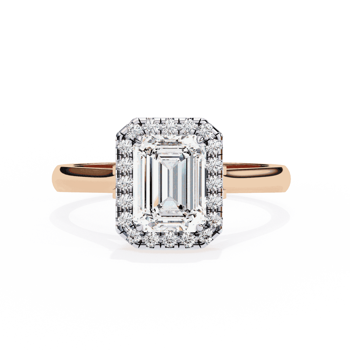 Emerald Cut Lab Grown Diamond Halo Engagement Ring with Lotus Gallery and Plain Band